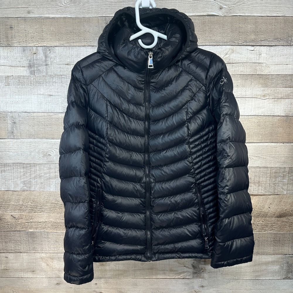 Calvin Klein Womens Packable Premium Down Puffer Jacket Black Hooded Size Larg